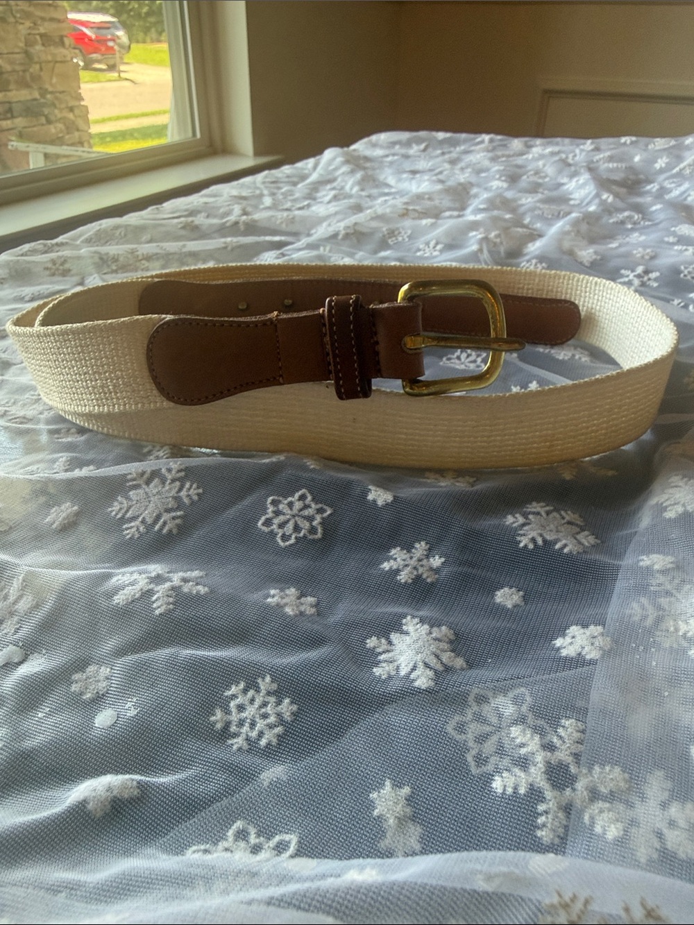 Coach Natural Linen Web Belt Leather Trim Brass Buckle Size 36 Cream Tan